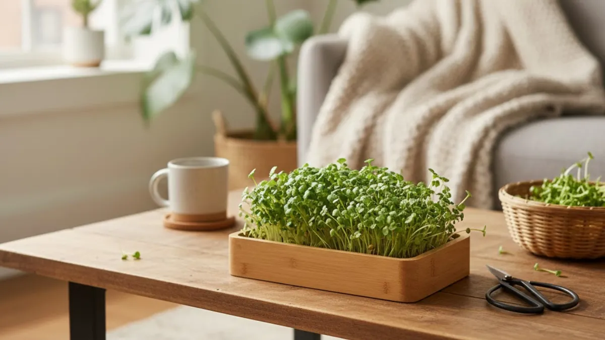 Homegrown microgreens ready to harvest indoors