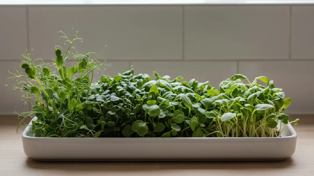 Different types of microgreens growing indoors in one tray