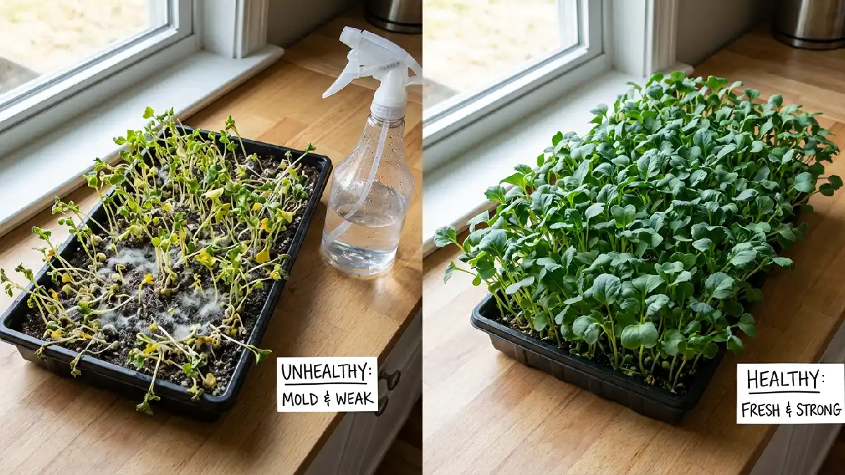 Indoor microgreens growing trays showing common beginner mistakes. Such as mold, weak stems, and overcrowding. Compared with healthy green microgreens, educating how to correct indoor gardening problems.