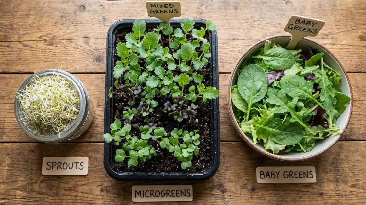 Side-by-side comparison showing sprouts, microgreens, and baby greens placed on a table. Clearly displaying size differences, textures, growth stages, and visual contrast for beginner understanding.