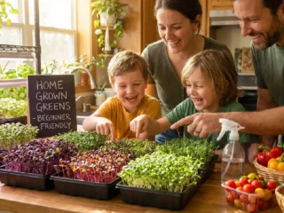 Bright indoor kitchen scene showing many trays of fresh microgreens growing near a window and under LED lights. With vibrant green leaves, simple tools, and a beginner-friendly home gardening atmosphere.