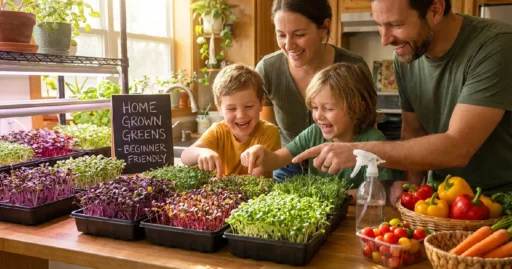 Bright indoor kitchen scene showing many trays of fresh microgreens growing near a window and under LED lights. With vibrant green leaves, simple tools, and a beginner-friendly home gardening atmosphere.