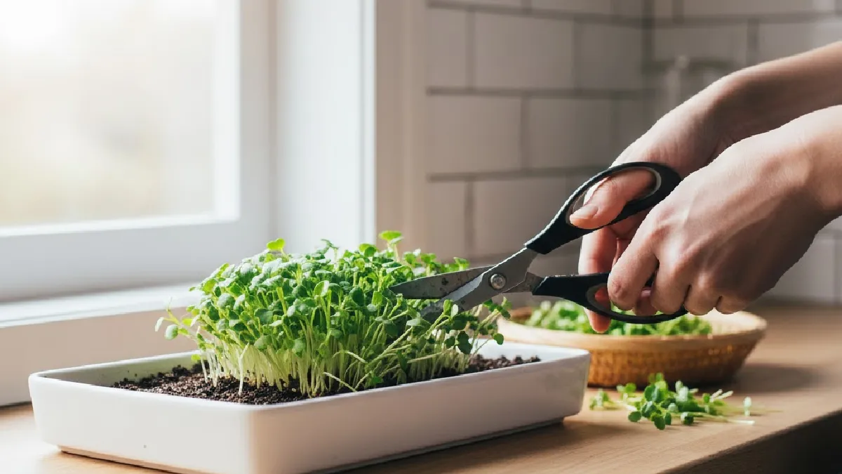 Harvesting fresh microgreens with scissors indoors