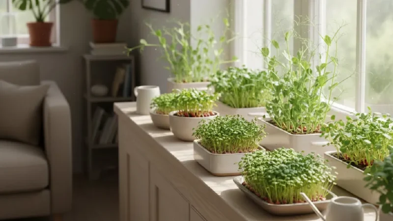 Microgreens growing indoors near a bright window with natural light