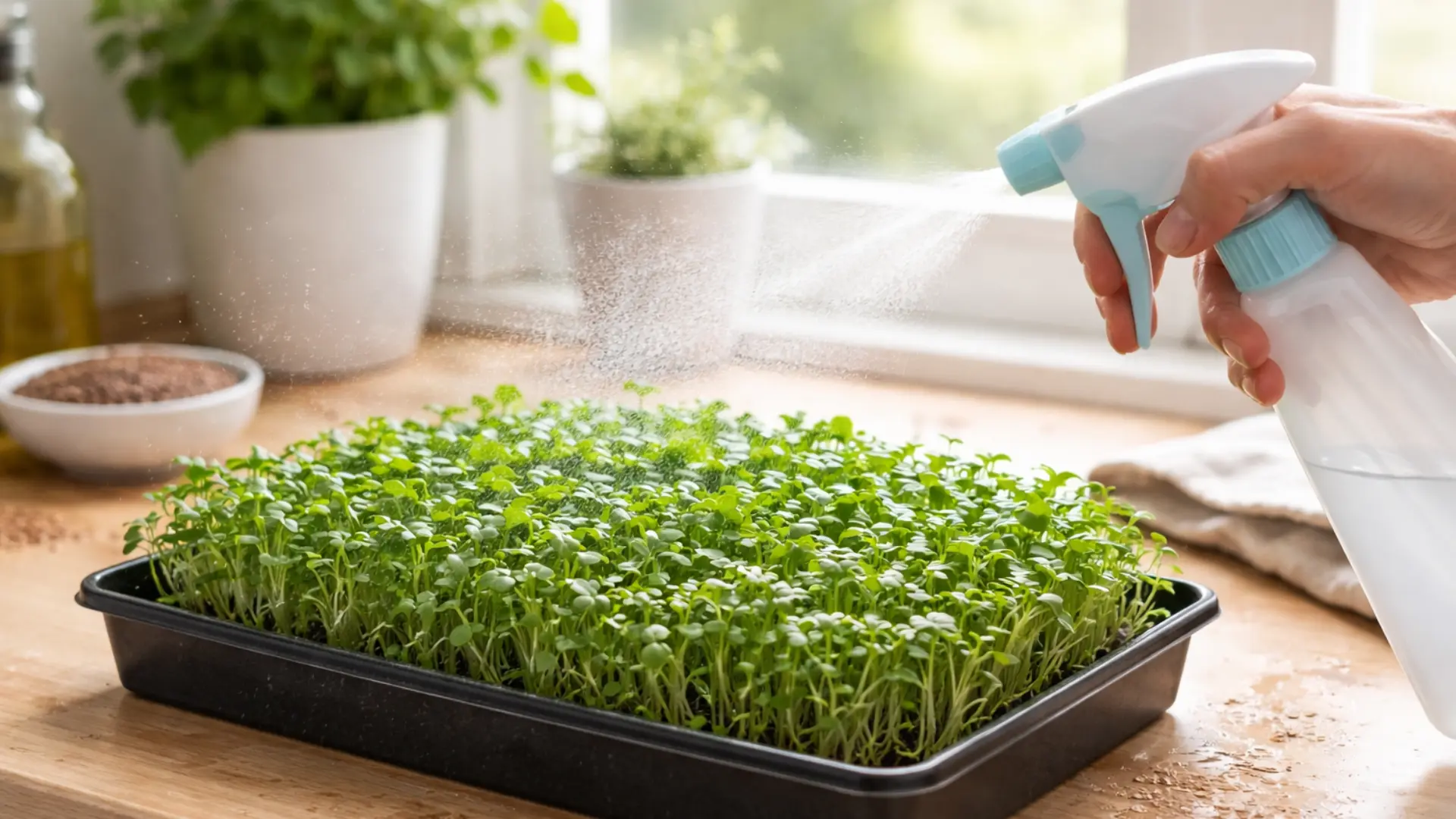 Microgreens being lightly misted with a spray bottle
