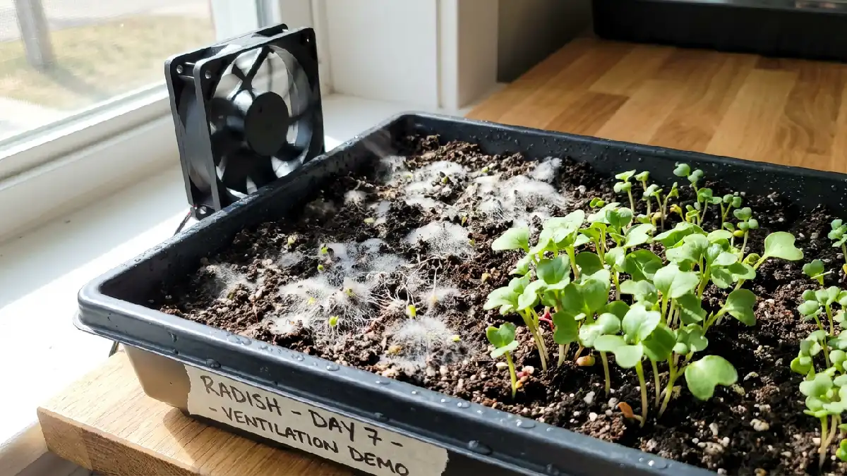 Indoor microgreens tray affected by white mold on the soil surface. with nearby healthy green seedlings, a small fan providing airflow. showing proper prevention and maintenance techniques for home gardening.