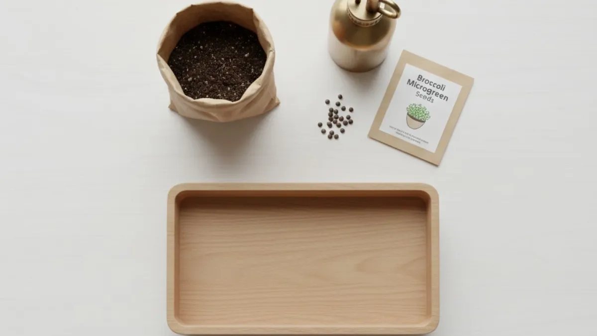 basic supplies needed to grow microgreens at home including tray soil seeds and spray bottle