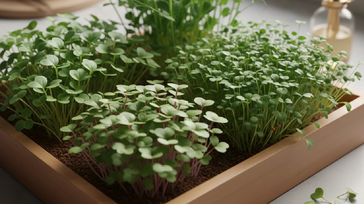 different types of microgreens growing together in a shallow tray indoors