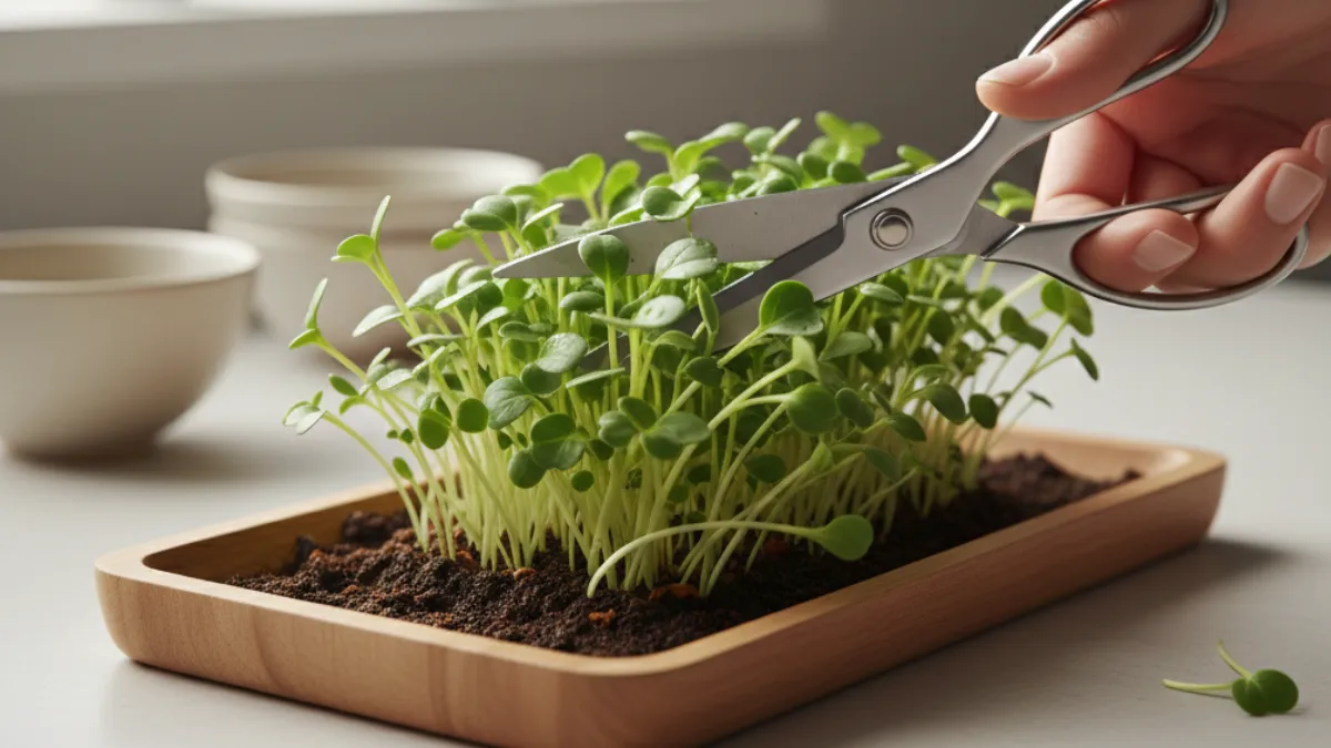 harvesting fresh microgreens with scissors above the soil at home