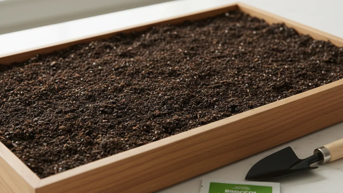 preparing a shallow tray with soil for growing microgreens at home
