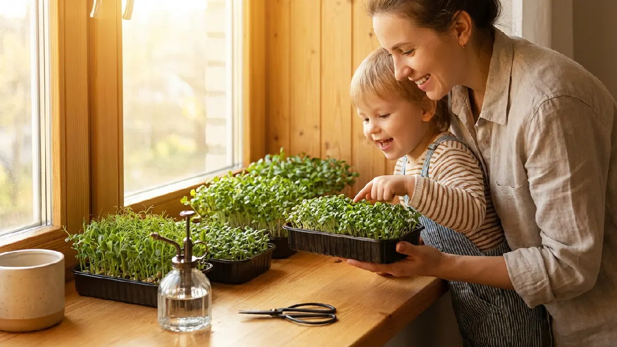 Indoor windowsill displaying microgreens trays with sunlight, a child observing the plants. Gardening scissors and a spray bottle nearby, showing easily. Family-friendly indoor gardening at home.