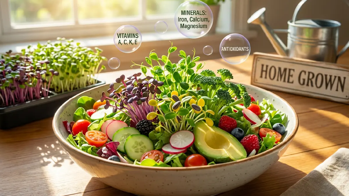 Fresh salad bowl topped with colorful microgreens grown at home. Highlighting vibrant greens, natural light. Healthy texture and nutrient-dense food are ideal for a clean and balanced diet.