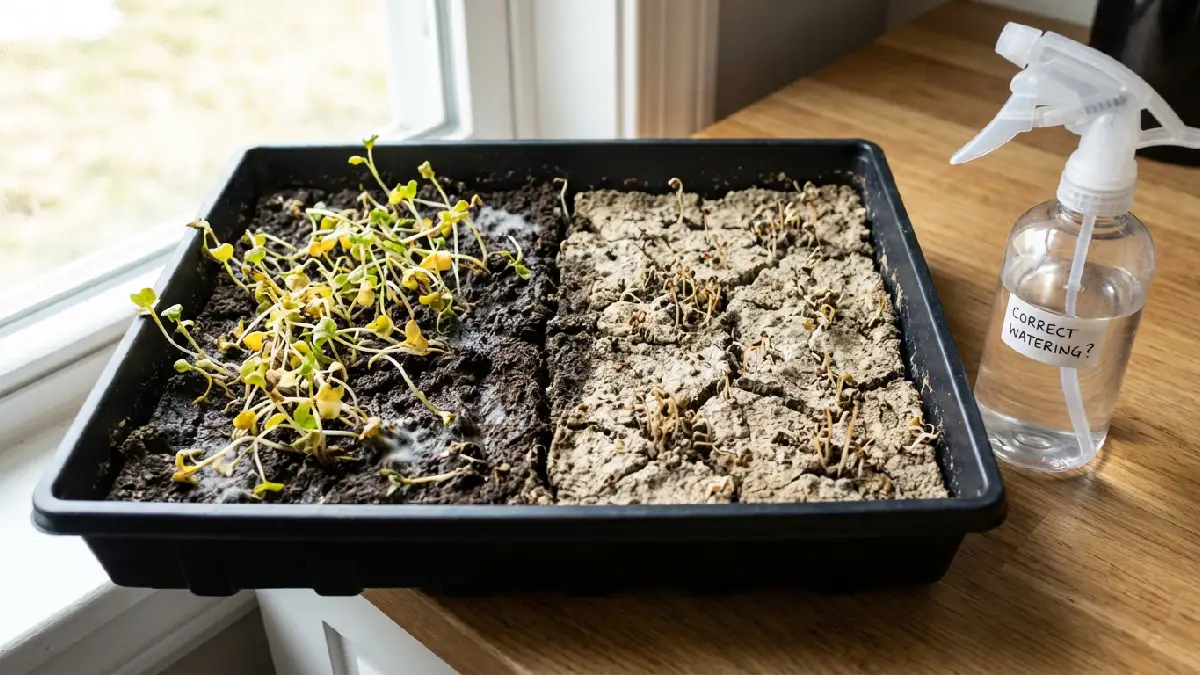 Indoor microgreens tray demonstrating watering mistakes. With overwatered soggy soil and wilted leaves on one side and dry, paused growth on the other. Highlighting proper balance for healthy home gardening.