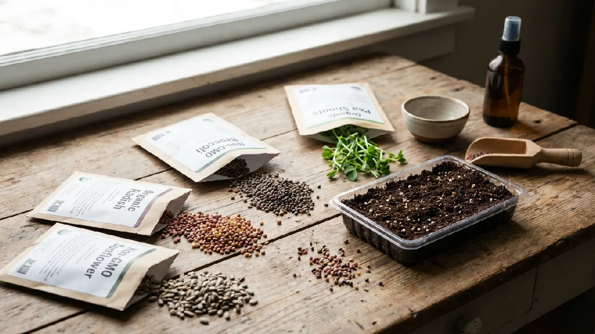  Close-up view of organic microgreen seeds, including radish. Broccoli, pea shoots, and sunflower placed beside seed packets and a growing tray. Showing proper seed selection for healthy indoor microgreens growing. 