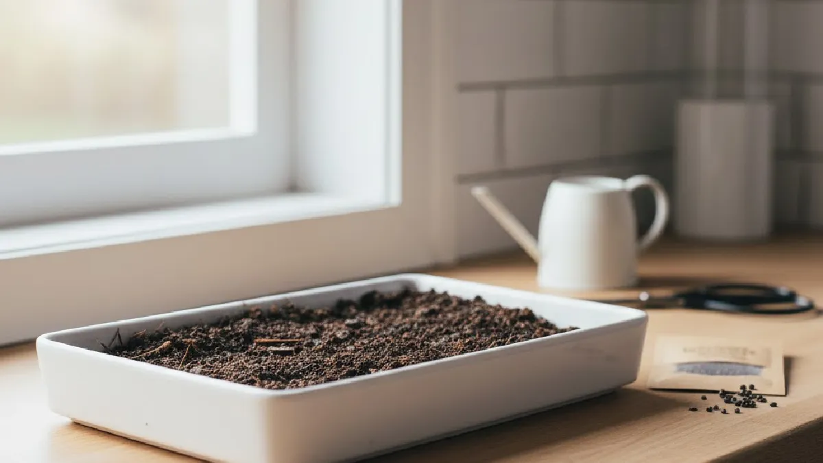Preparing a shallow tray with soil for growing microgreens indoors