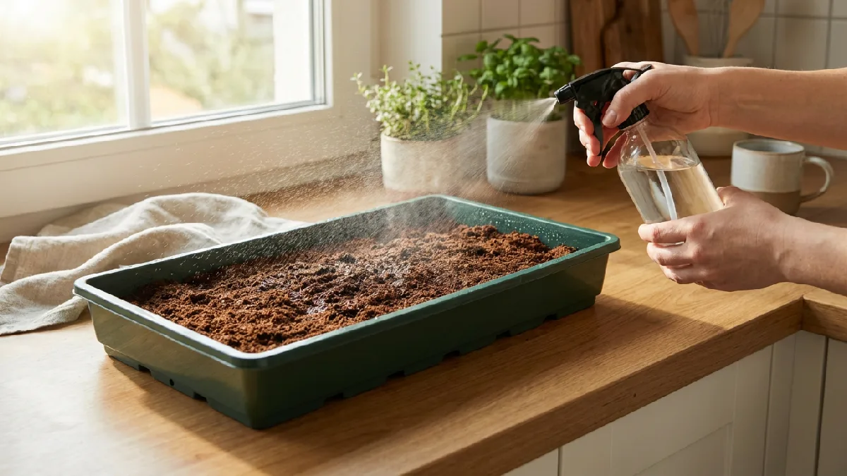 A shallow microgreens growing tray filled with loose soil and drainage holes. Lightly misted with water, placed near a window to prepare a healthy. Base for indoor microgreens growth.