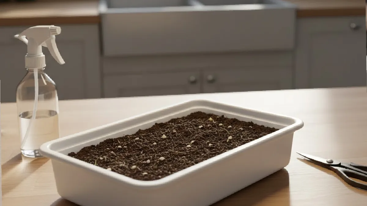 preparing a tray with soil for microgreens at home