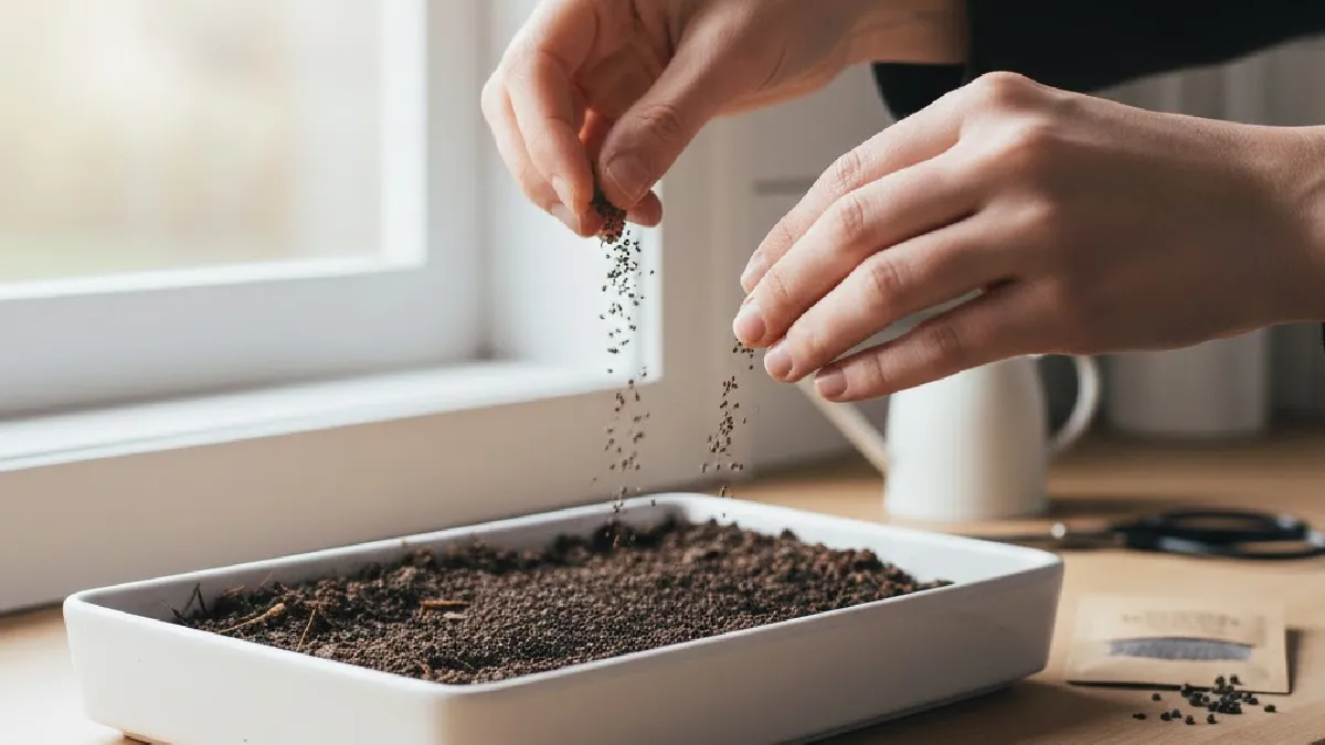 Sowing microgreen seeds evenly on soil in a shallow indoor tray