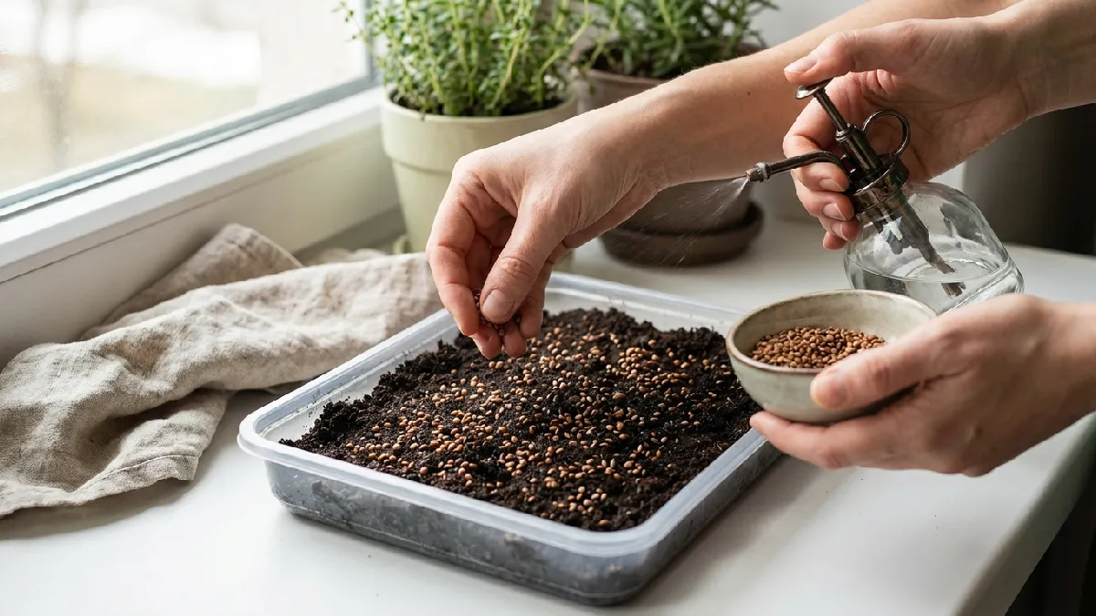 Hands sowing microgreen seeds evenly across moist soil in a shallow tray. Showing correct spacing, gentle pressing, and proper indoor planting technique for beginners.