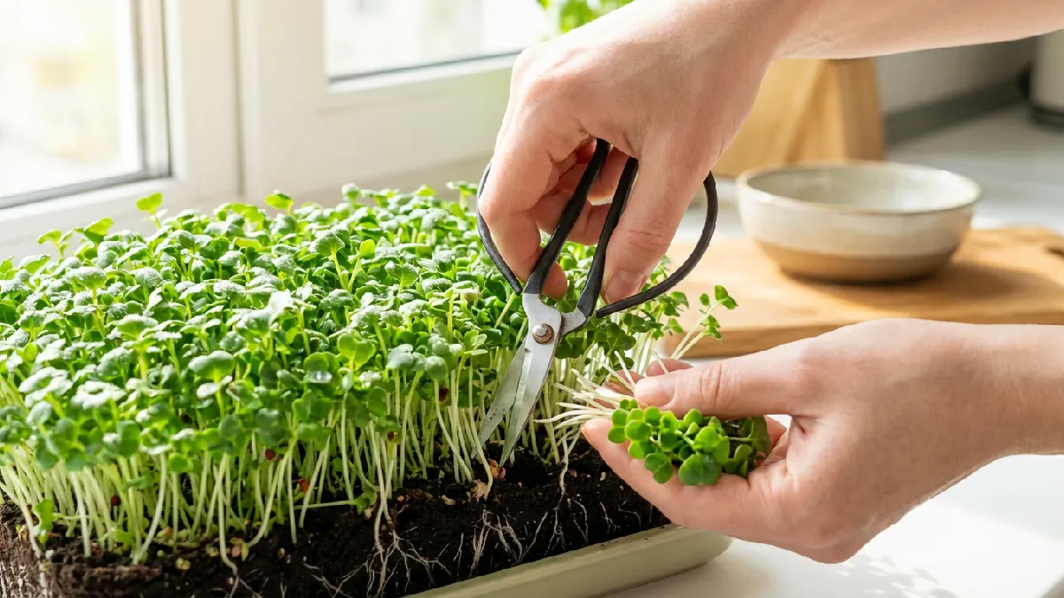 Hands harvesting fresh microgreens with clean scissors above the soil surface. Showing proper cutting technique to maintain freshness, nutrition, and healthy indoor microgreens production.