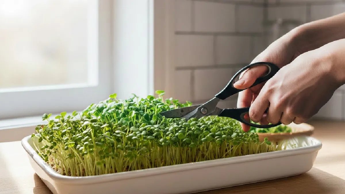 Harvesting fresh microgreens with scissors indoors