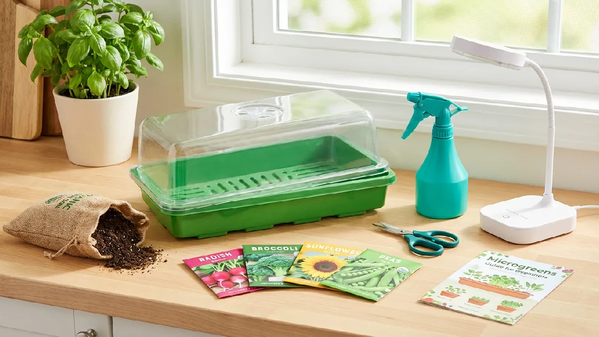 Complete microgreens growing setup on the kitchen counter. Including trays, soil, seeds, a spray bottle, scissors, and an LED light. Arranged neatly for beginners starting indoor gardening.