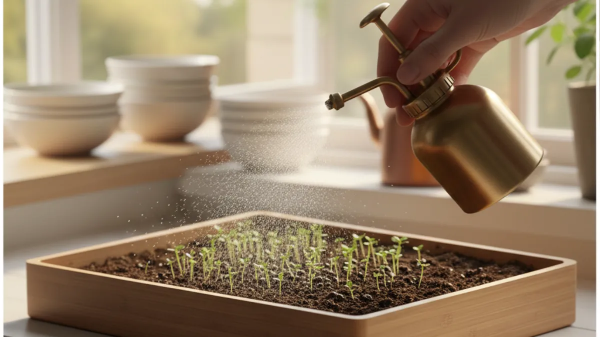 watering microgreen seeds and early germination stage in a shallow tray