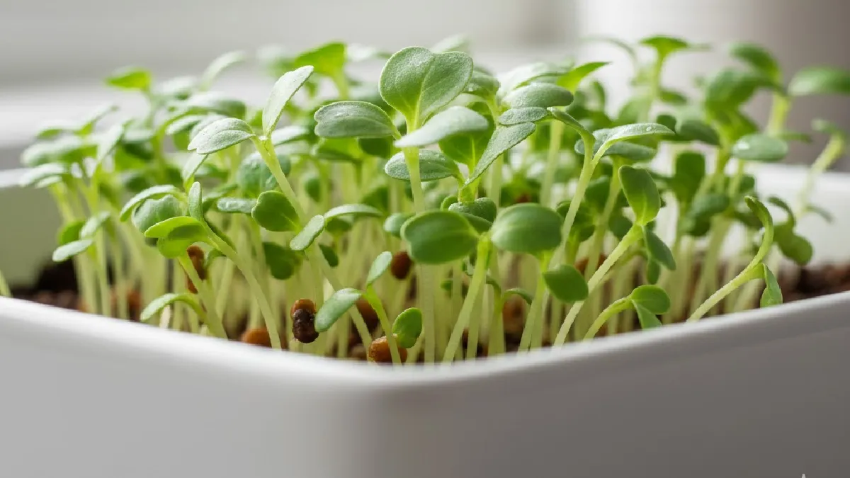 Close-up view of fresh microgreens showing young leaves and texture