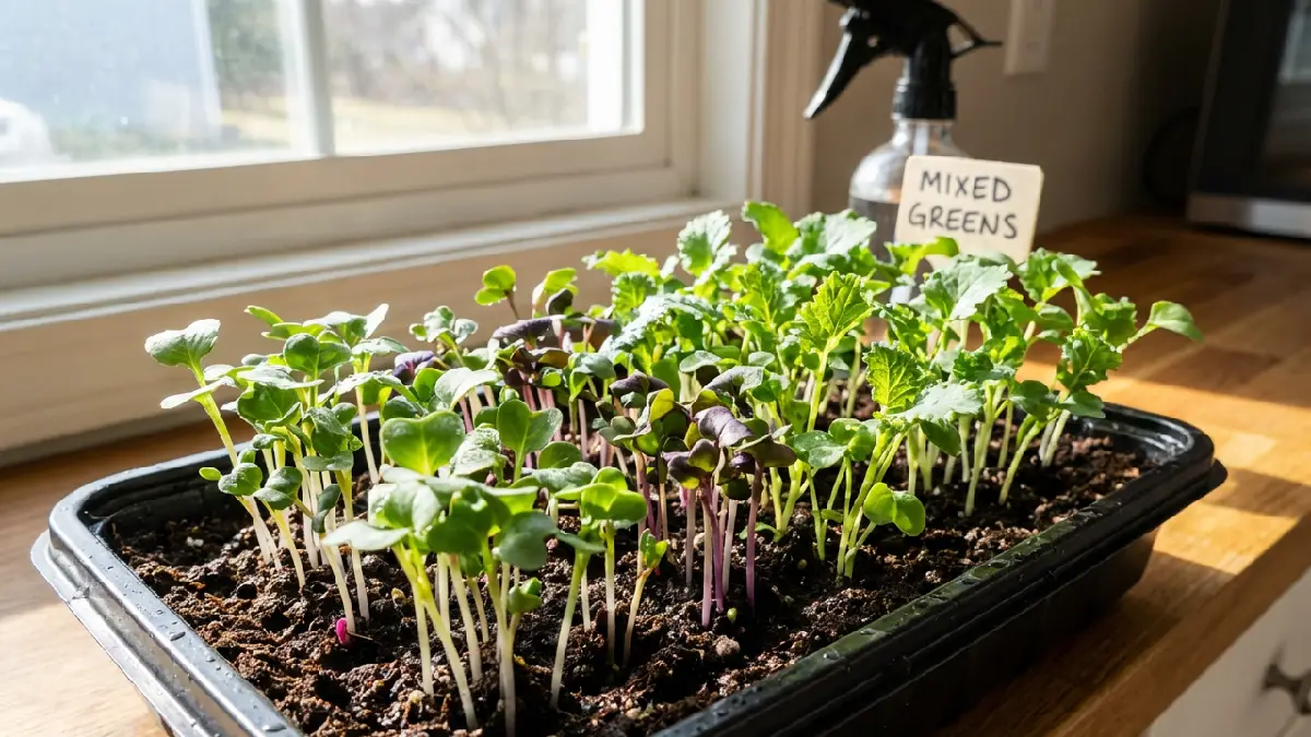 Small indoor tray filled with healthy microgreens like broccoli, radish, and kale, showing tiny green stems and leaves growing in soil with natural light highlighting freshness and early growth stages. 