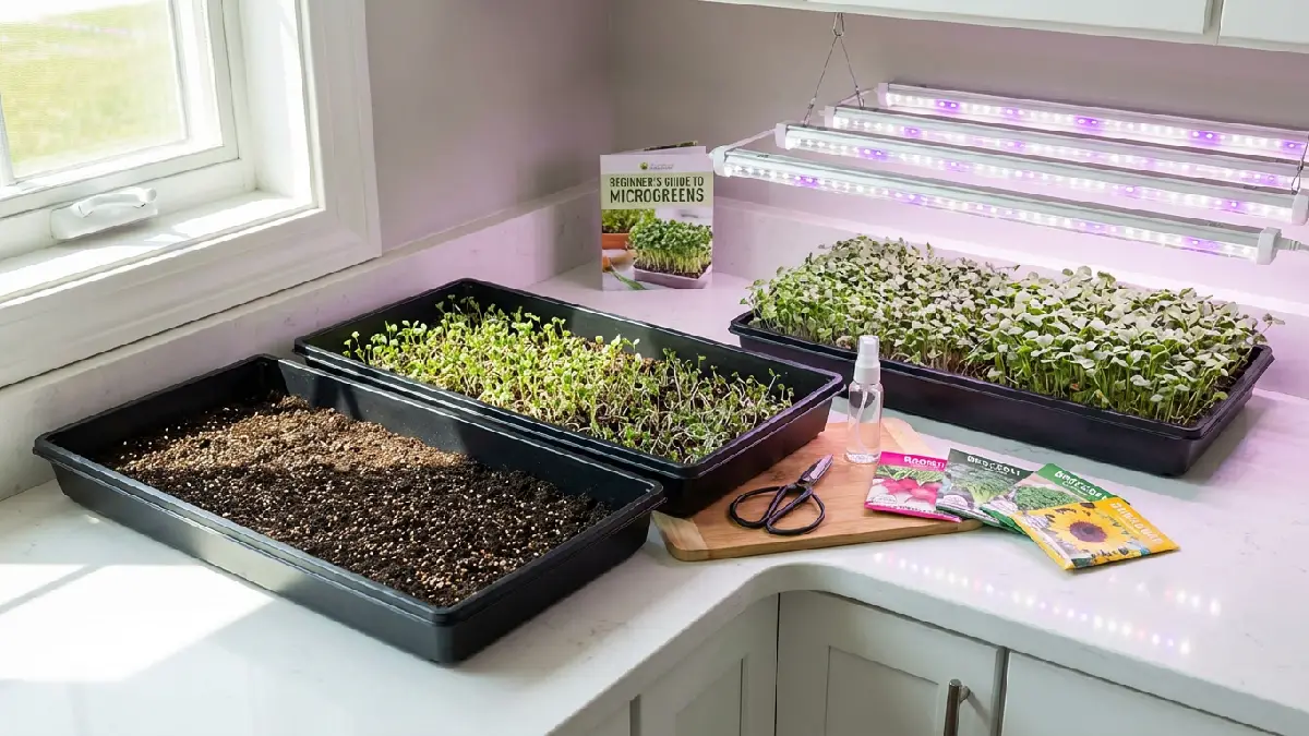 Indoor microgreens setup displaying all essential items for beginners. Including shallow trays with soil, seed packets, a spray bottle, scissors, and an LED light. Demonstrating a complete home gardening arrangement.
