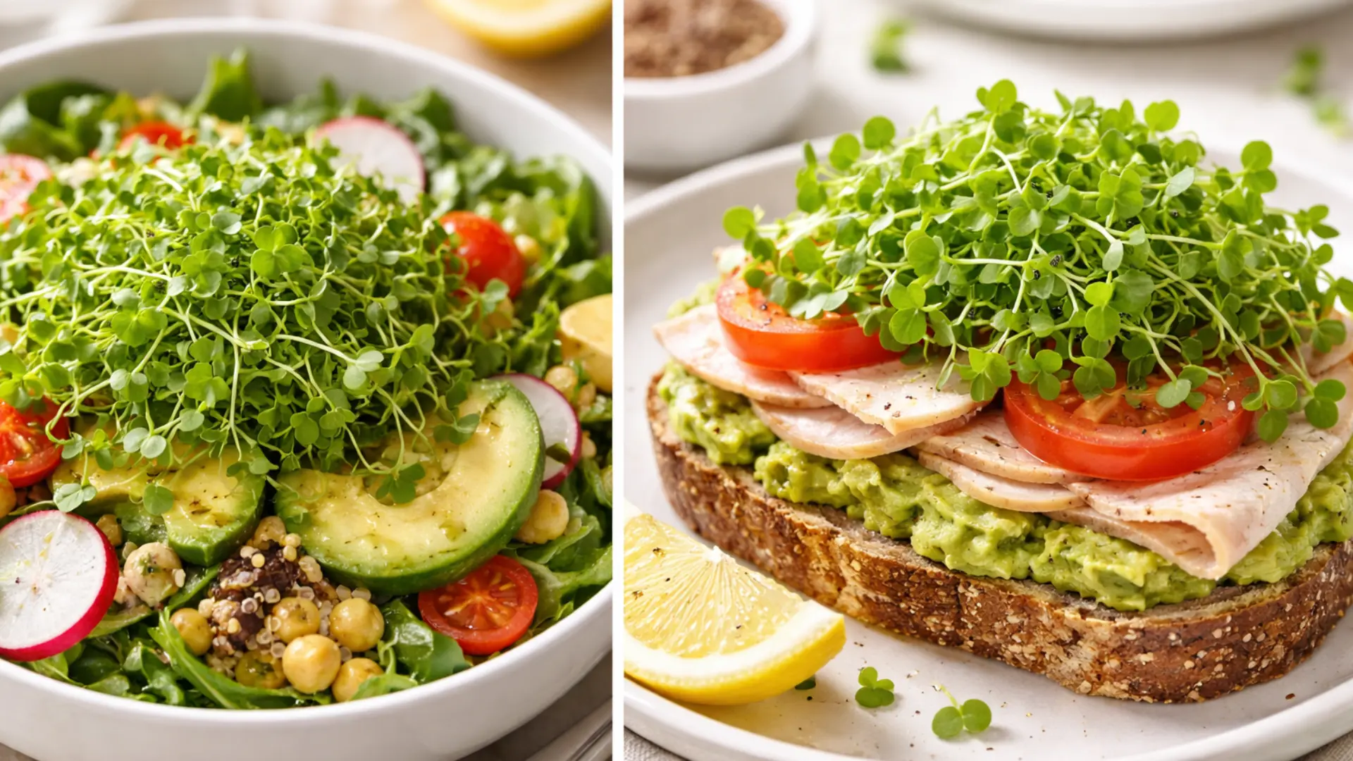 microgreens on a salad and sandwich