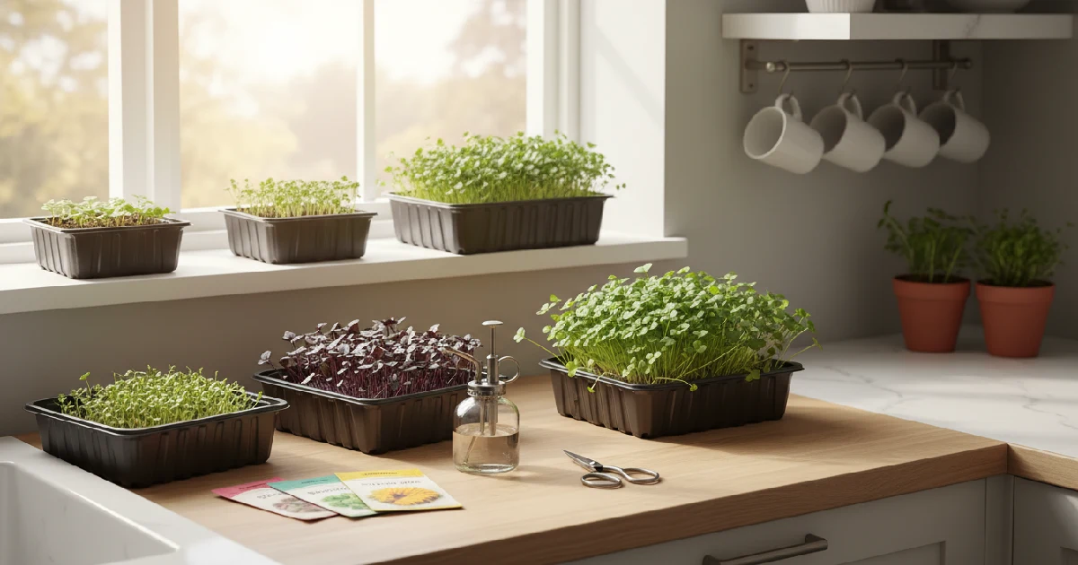 Microgreens growing at home in shallow trays on a kitchen windowsill with natural sunlight, spray bottle and scissors nearby, showing an easy indoor microgreens growing setup for beginners in small spaces.