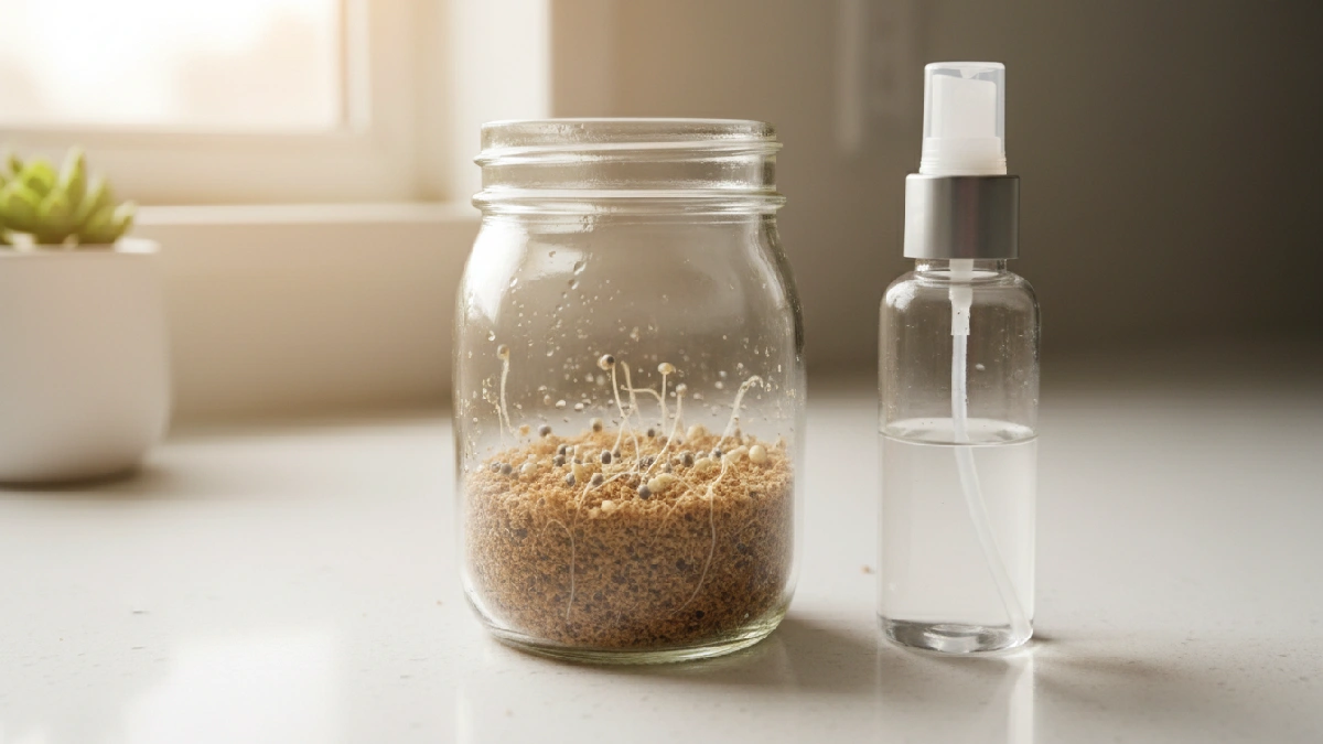 Paper towel or coir medium inside a glass jar with seeds evenly spread, mist bottle nearby, showing compact, tidy, and beginner, friendly microgreens jar setup ready for sprouting.
