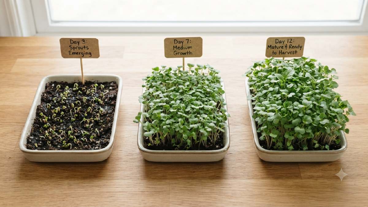 Microgreens shown at different growth stages based on their growing time