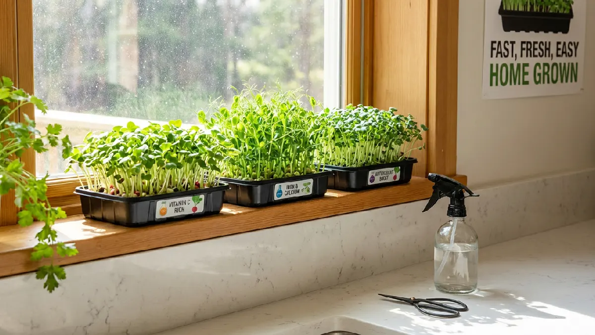 Indoor microgreens trays on a windowsill with healthy green leaves, showing vitamins and minerals, a small spray bottle nearby, highlighting benefits like fast growth, easy care, space-saving, and nutrient-rich home gardening.