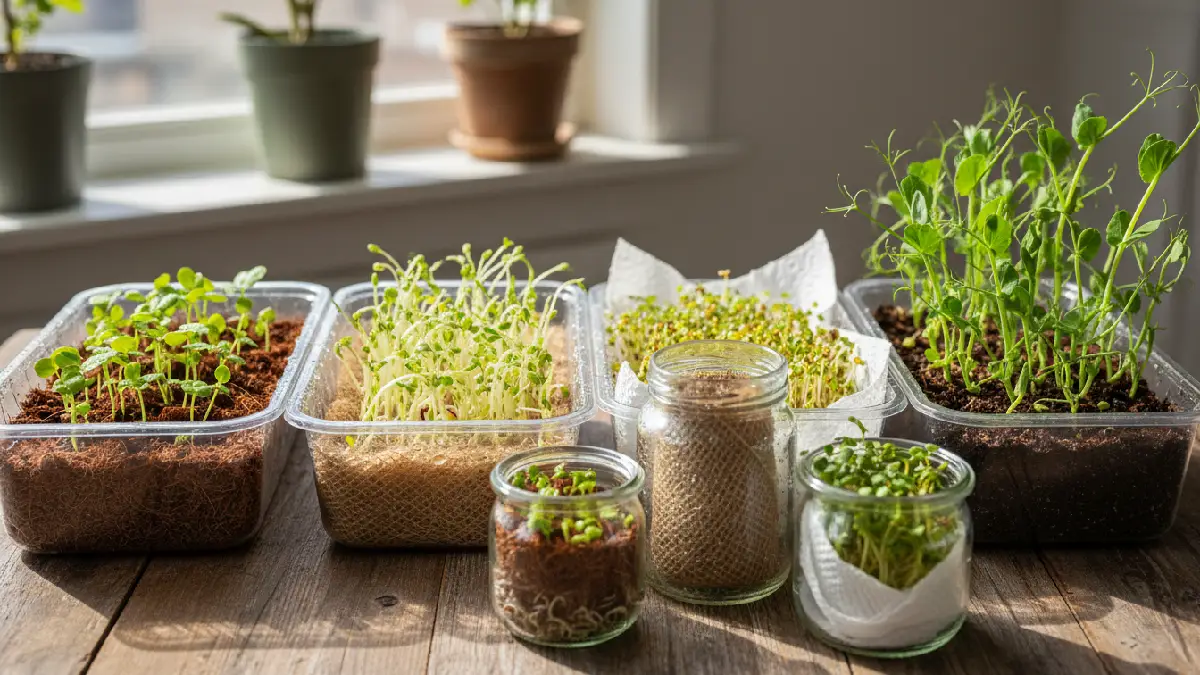 Various microgreens growing media including coir, hemp mats, paper towels, and soil in trays and jars, showing tender sprouts, water droplets, and beginner, friendly indoor gardening setup for strong healthy growth.