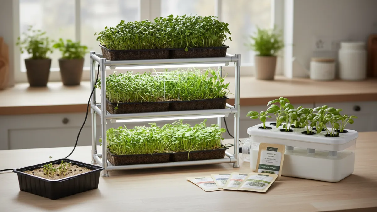 Multiple microgreens kits displayed indoors: starter tray with seeds and mat, stacked shelves with LED lights, modern hydroponic tray, bright green shoots emerging, clean and organized setup, showing kit variety, compact options, scalable systems, and beginner-friendly indoor microgreens growth visually.