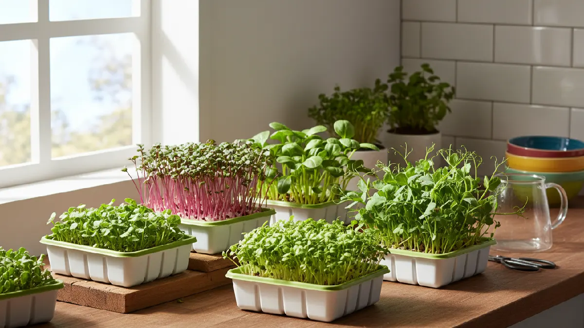 Multiple microgreens trays with broccoli, radish, sunflower, and pea shoots growing indoors, leaves vibrant and patterns forming, sunlight from the window, showing a beginner, friendly, colorful, and fresh microgreens setup. 