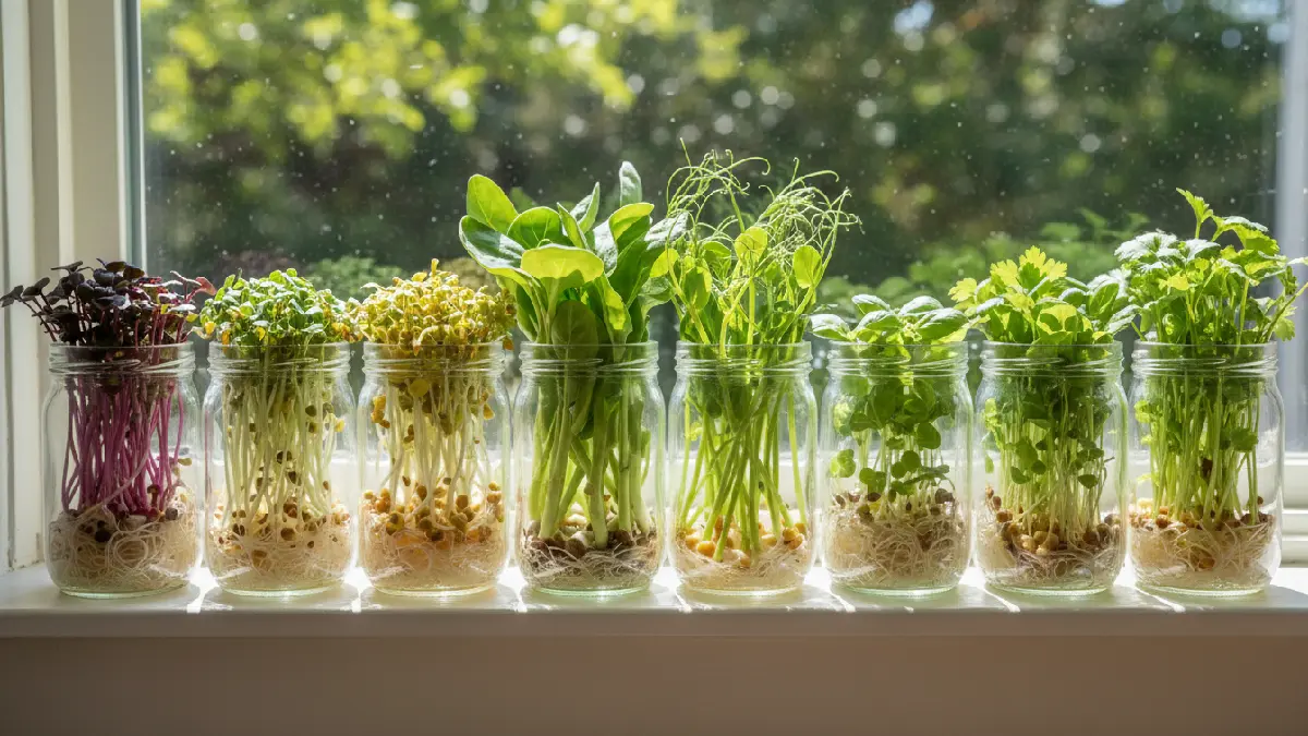 Glass jars with radish, broccoli, mustard, sunflower, pea shoots, basil, parsley, and cilantro microgreens sprouting on a sunny windowsill, showing a tidy, compact, beginner, friendly indoor jar gardening setup with vibrant leaves and visible roots.