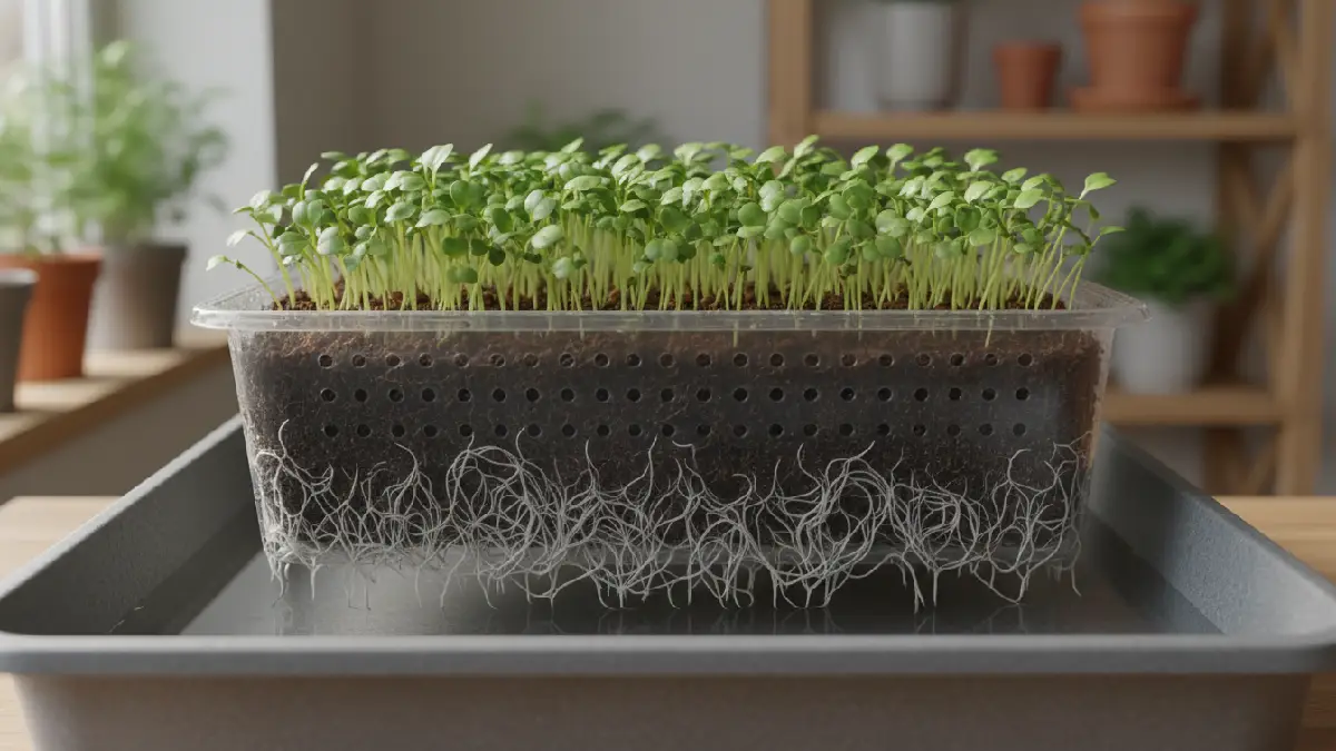 Bottom watering method for microgreens to keep roots strong and soil balanced