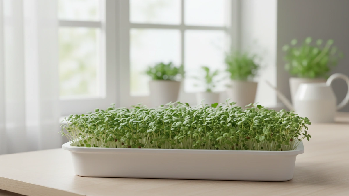 Broccoli microgreens with soft, mild green leaves growing evenly indoors, packed with nutrients, and ideal for beginner microgreens growers. 