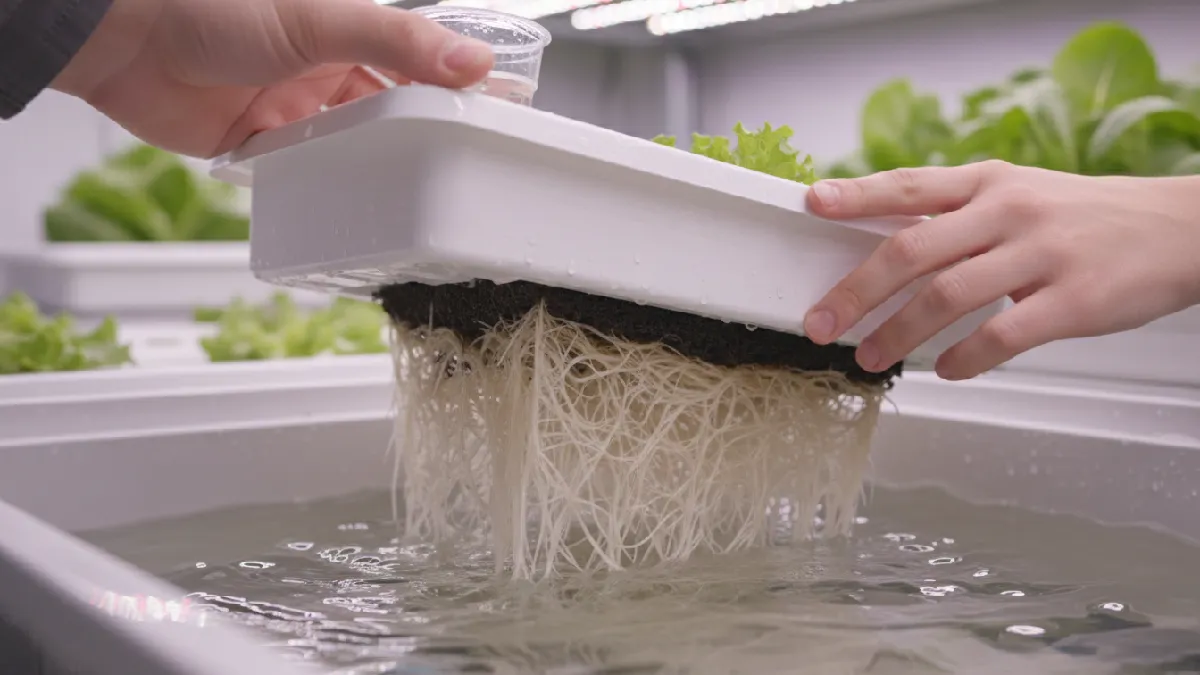 Inspecting water level roots and microgreens growth daily in hydroponic tray