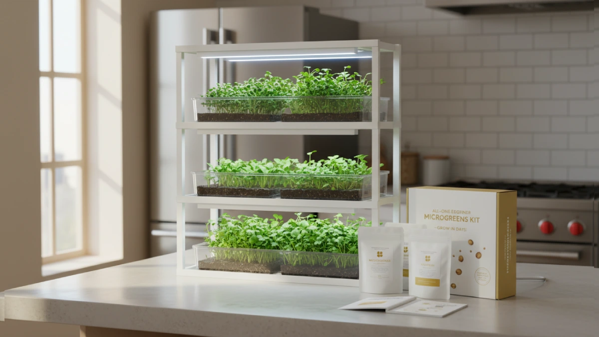Commercial microgreens kit with stacked trays, integrated lights, seeds included, bright green shoots sprouting, clean professional setup, beginner-friendly, organized shelving, highlighting convenience, ready-to-use setup, fast growth, optimized indoor space, and visually demonstrating investment in commercial microgreens kits.
