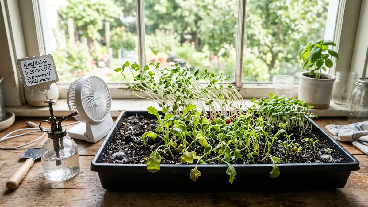 Microgreens tray with curling leaves, minor mold, stretching shoots, spray bottle and fan nearby, indoor troubleshooting setup.