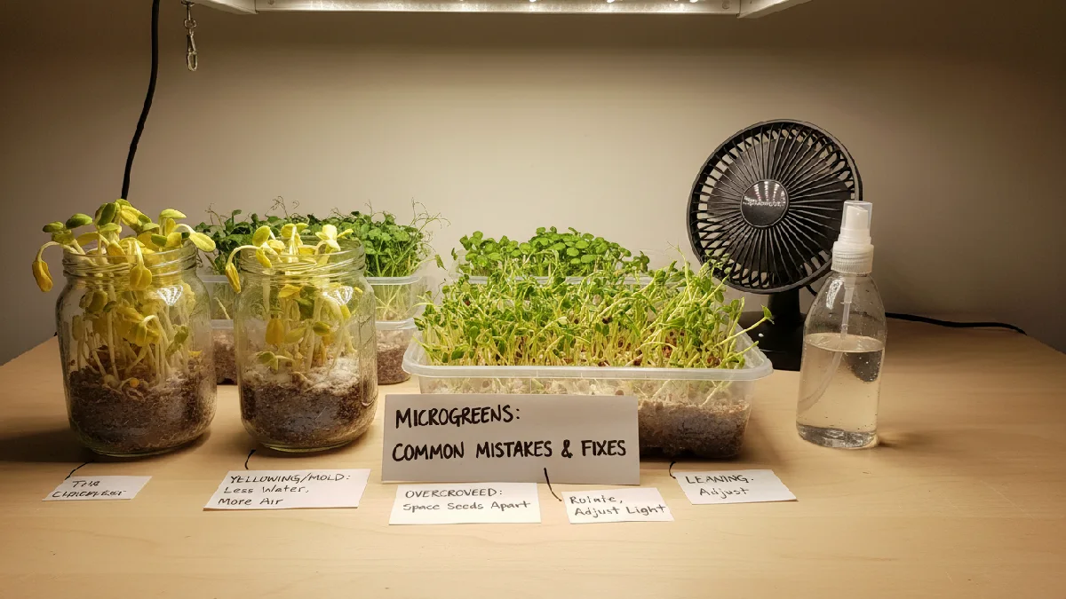 Indoor microgreens jars and trays showing yellowing leaves, mold, overcrowded seeds, and leaning stems, with small fan and mist bottle visible, demonstrating beginner, friendly troubleshooting tips.
