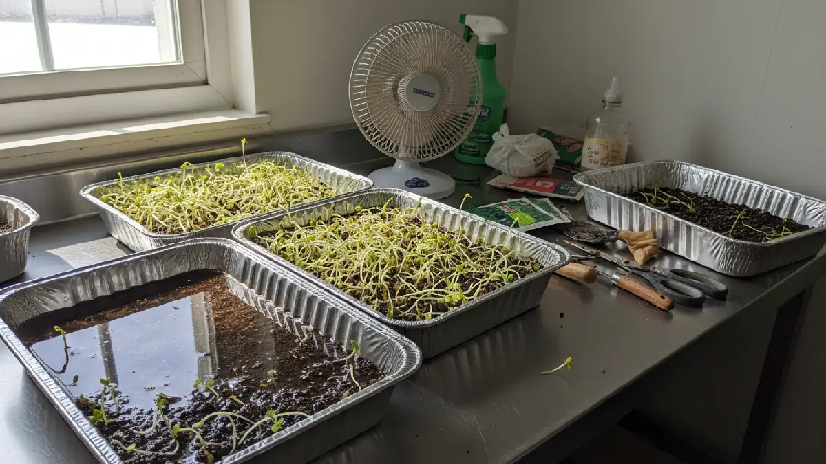 Trays showing overwatering, crowded seeds, stretched pale shoots, uneven light, dirty tools nearby, weak stems, small fan not running, illustrating common beginner mistakes, daily care errors, and guidance for healthy microgreens growth visually.