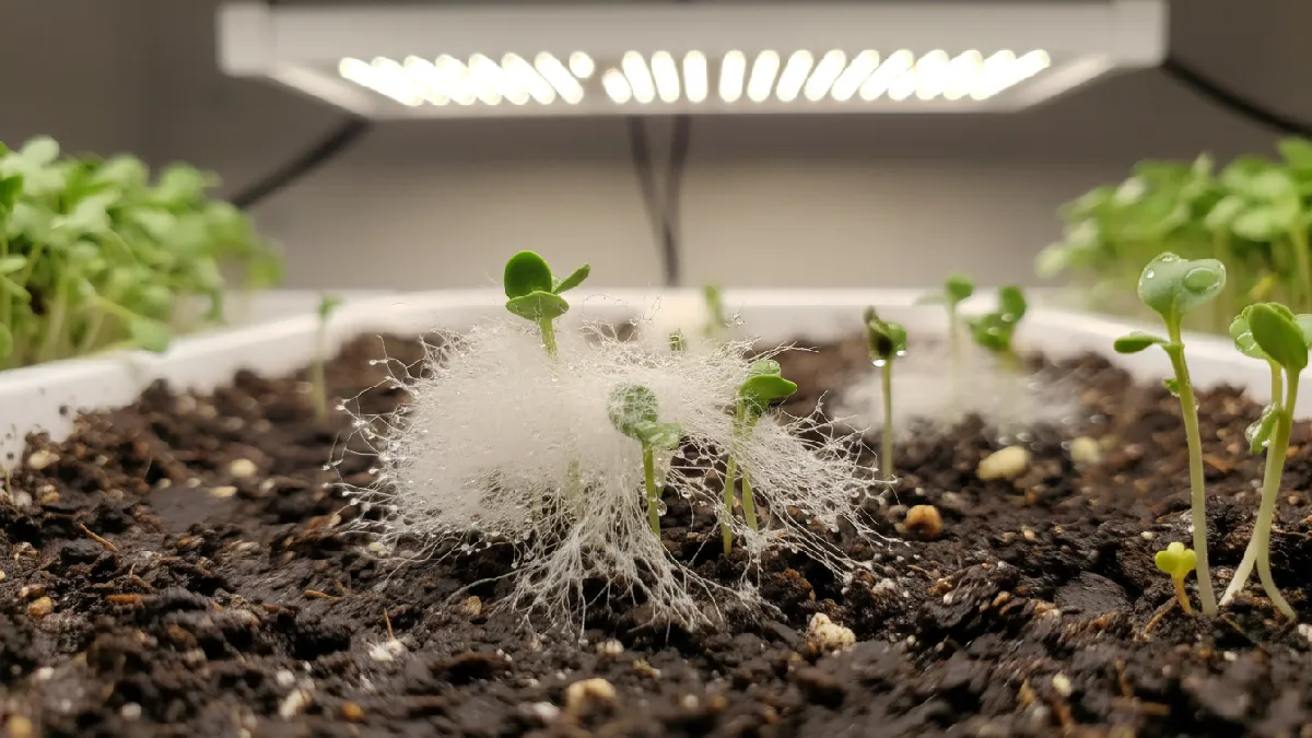 White mold growing on soil surface in a broccoli microgreens tray