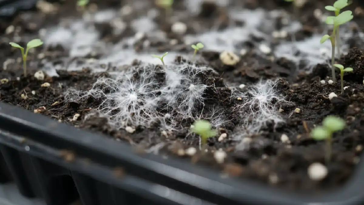White mold growing on soil in a broccoli microgreens tray