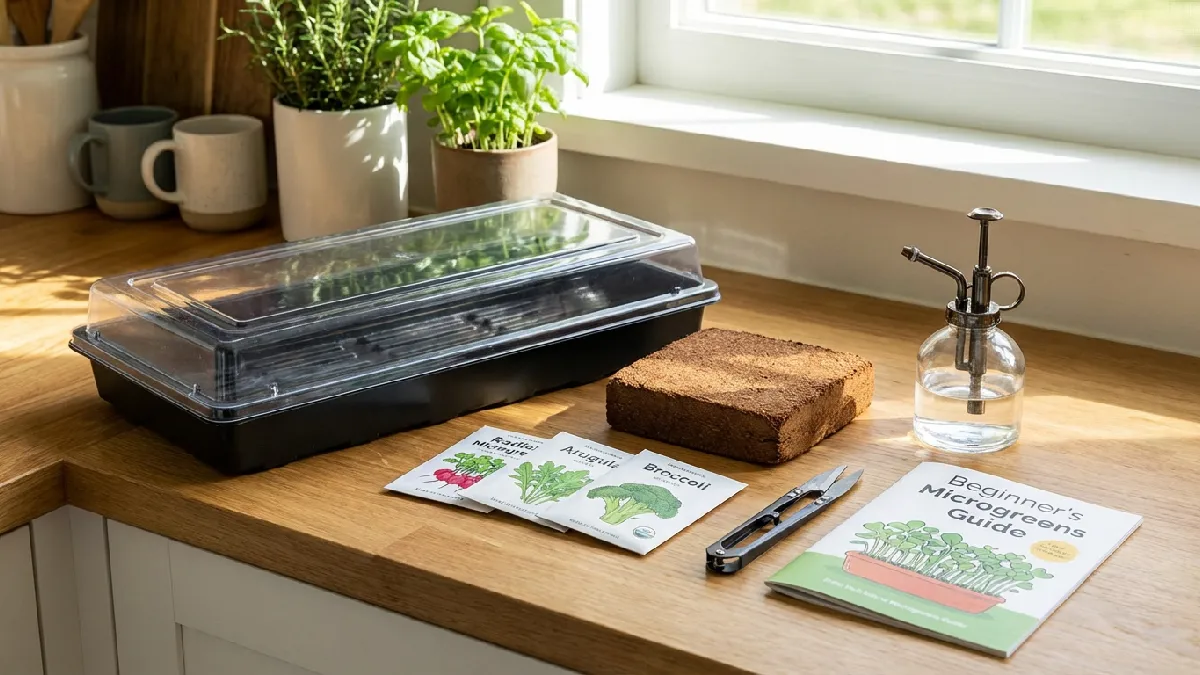  Microgreens grow kit components, including tray, seeds, growing medium, spray bottle, scissors, and instructions displayed neatly, showing all essential items needed for easy and beginner-friendly home microgreens gardening. 