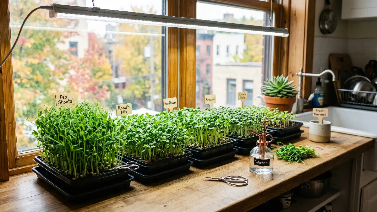 Indoor microgreens trays with vibrant green shoots growing on a sunny windowsill under natural light and LED, showing compact, clean, year, round home harvesting setup.